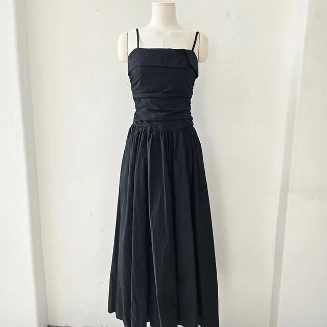 Spaghetti Strap Plain Ruched Maxi A-Line Dress