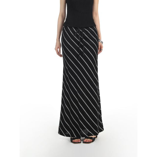 Drawstring Waist Diagonal Striped Maxi A-Line Skirt