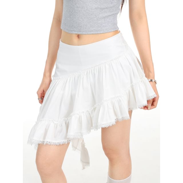 Mid Rise Plain Asymmetrical Ruffle Lace Trim Mini A-Line Skirt