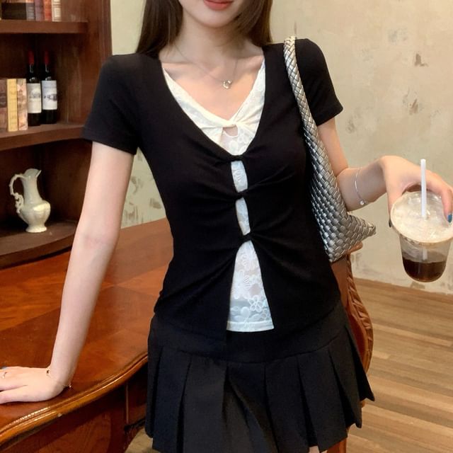 Lace Cutout Slit V-Neck Crop Tee