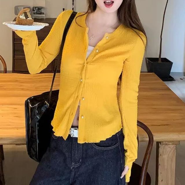 Crew Neck Button-Up Plain Crop Cardigan