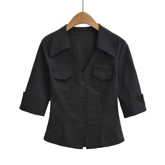 Collared V-Neck Flap Pocket Elbow Sleeve Shirt