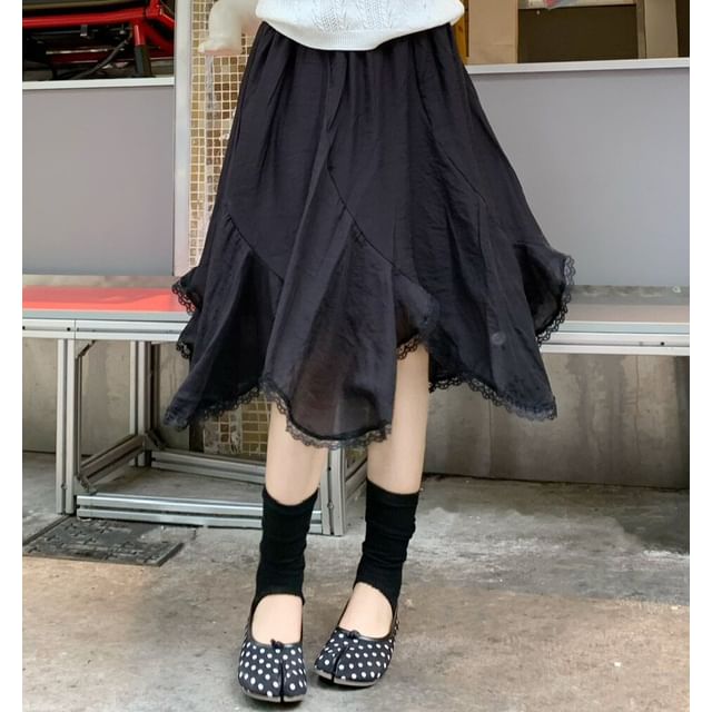 High Waist Plain Asymmetrical Lace Trim A-Line Skirt