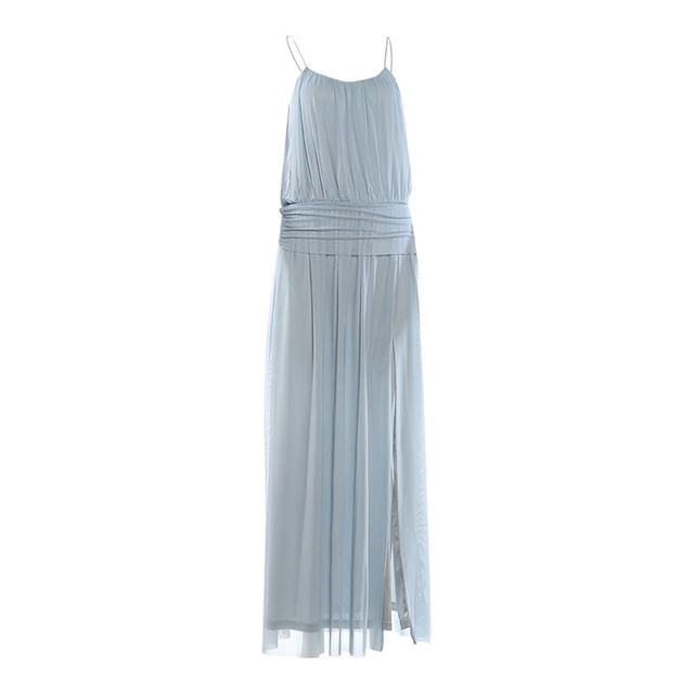 Spaghetti Strap Scoop Neck Plain Ruched Maxi A-Line Dress
