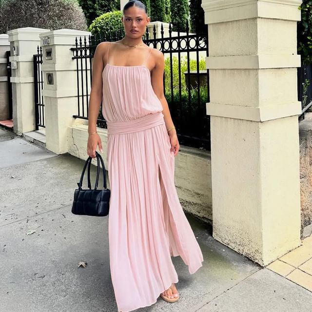 Spaghetti Strap Scoop Neck Plain Ruched Maxi A-Line Dress
