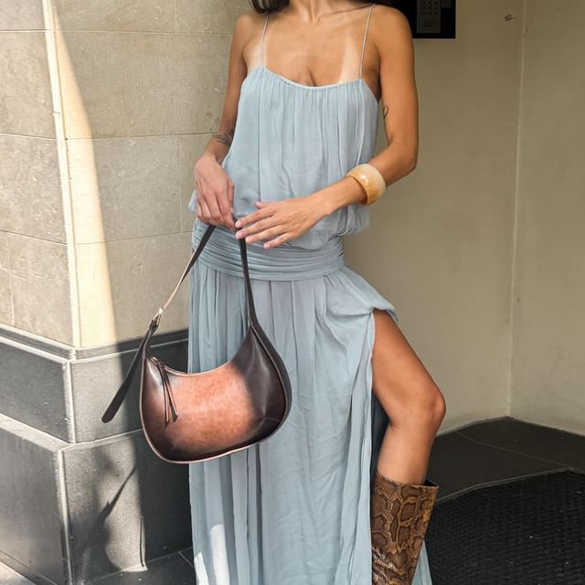 Spaghetti Strap Scoop Neck Plain Ruched Maxi A-Line Dress