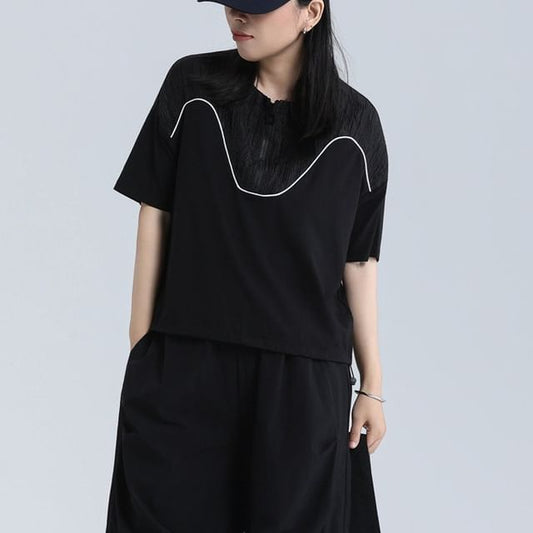 Half-Zip Contrast Panel Tee with Crew Neckline and Short Sleeves