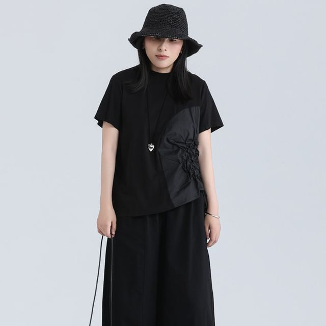 Asymmetrical Ruched Tee with Crew Neck and Short Sleeves