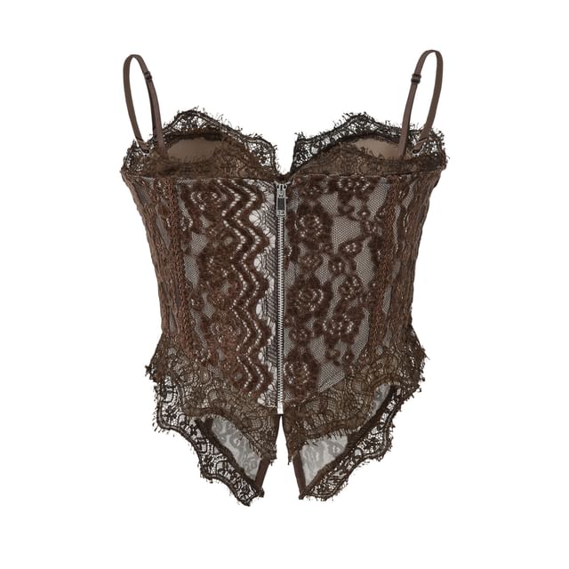 Lace-Trimmed Corset Crop Top with Slit