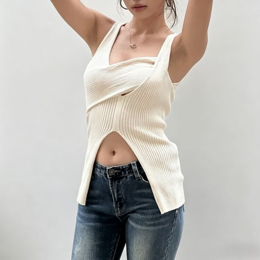 Asymmetric Neck Knit Tank with Slit