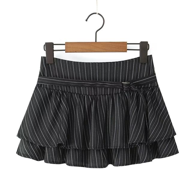 Halter V-Neck Pinstriped Button-Up Open Back Crop Vest / Mid Rise Layered Mini A-Line Skirt