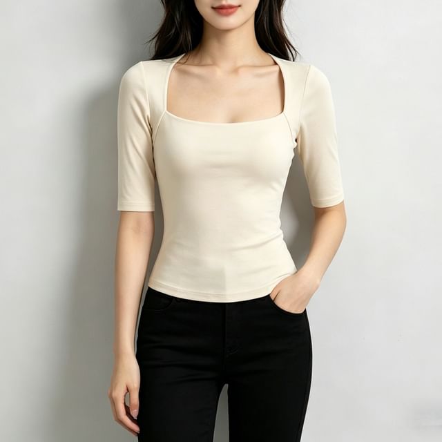 Square Neck Fitted Crop Tee with 3/4 Sleeves