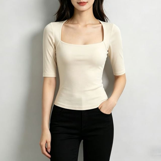 Square Neck Fitted Crop Tee with 3/4 Sleeves
