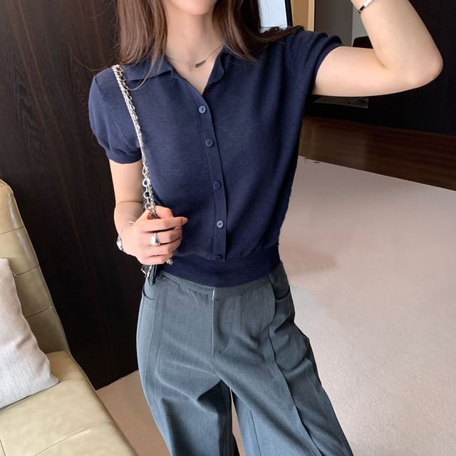 Collared Button Knit Tee with Short Sleeves