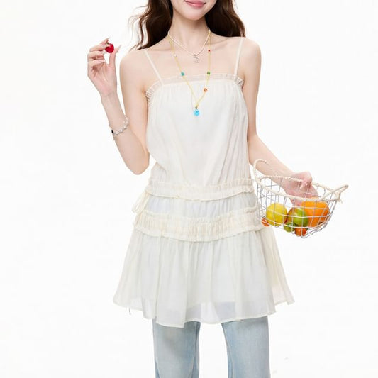 Spaghetti Strap Plain Drawstring Panel Mesh Mini A-Line Dress