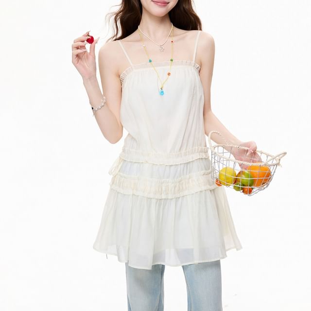 Spaghetti Strap Plain Drawstring Panel Mesh Mini A-Line Dress