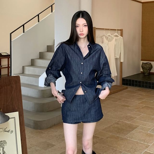 Unwashed Denim Shirt and Low Rise Skort Set