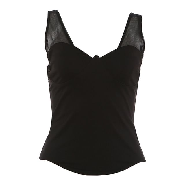 Mesh Panel Tank with V-Neck and Plain Finish