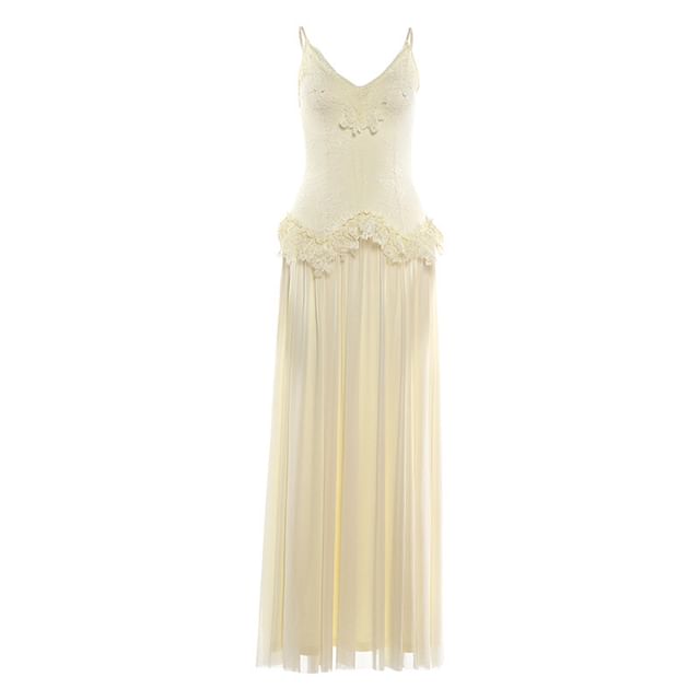 Spaghetti Strap V-Neck Plain Ruffle Panel Lace Maxi A-Line Dress