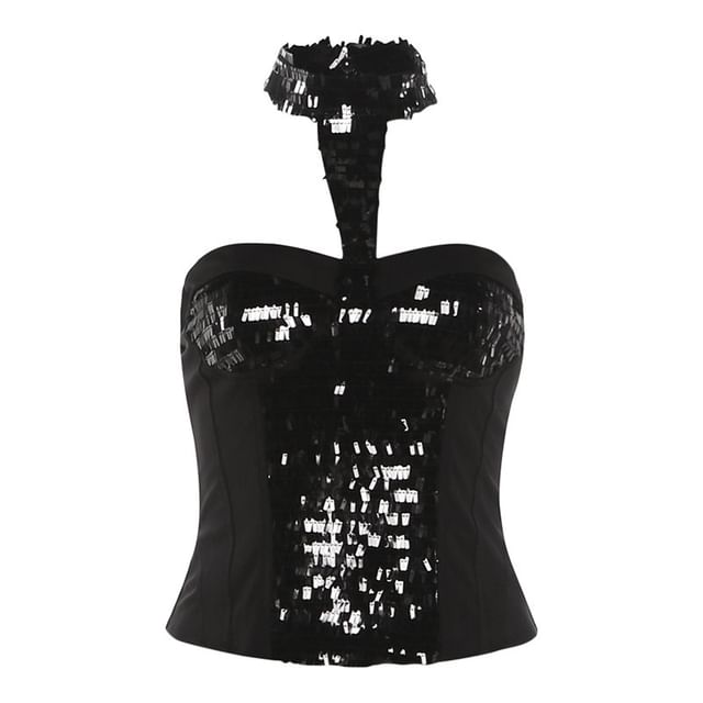 Halter Mock Neck Sequin Top