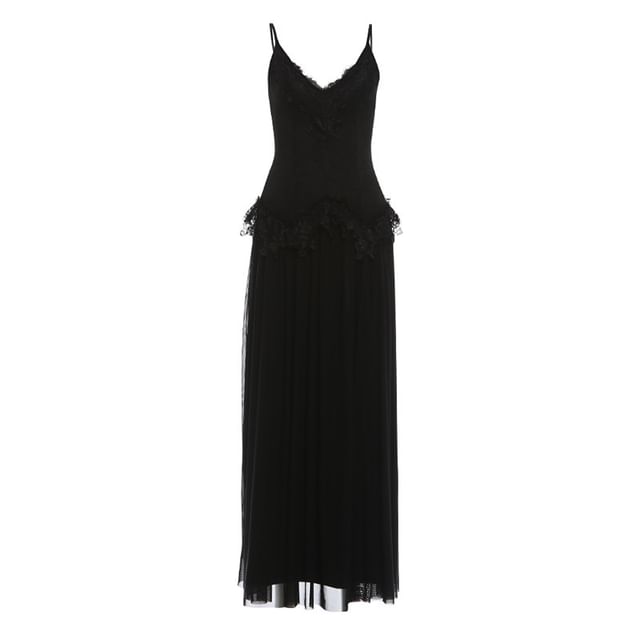 Spaghetti Strap V-Neck Plain Ruffle Panel Lace Maxi A-Line Dress