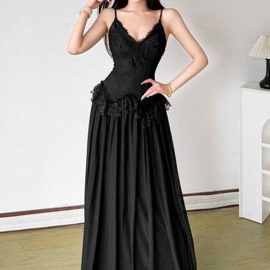 Spaghetti Strap V-Neck Plain Ruffle Panel Lace Maxi A-Line Dress