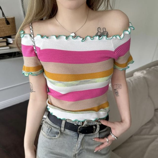 Multicolor Striped Ribbed Knit Top with Lettuce Edge