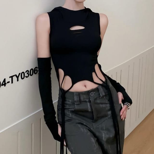 Hooded Cutout Crop Top Set with Arm Sleeves