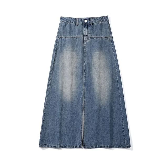 Mid Rise Washed Slit Maxi A-Line Denim Skirt