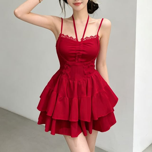 Spaghetti Strap V-Neck Lace Trim Mini A-Line Tiered Dress