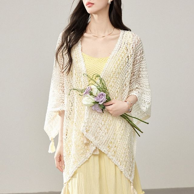 Spaghetti Strap V-Neck Plain Frill Trim Fringed Maxi A-Line Dress / Shawl