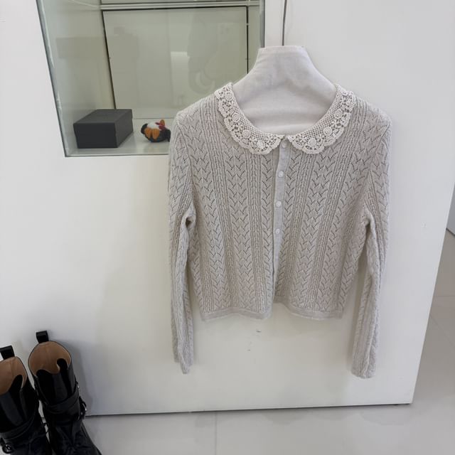 Lace Collar Perforated Button-Up Cardigan