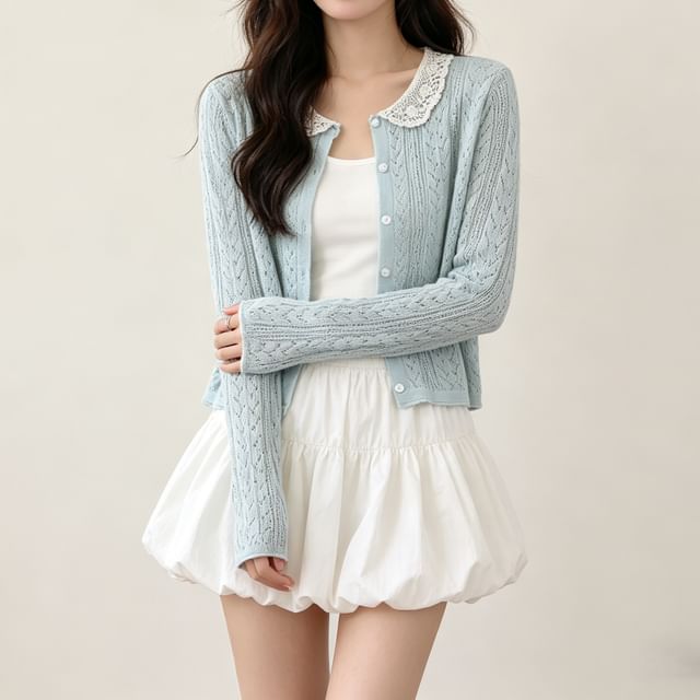 Lace Collar Perforated Button-Up Cardigan