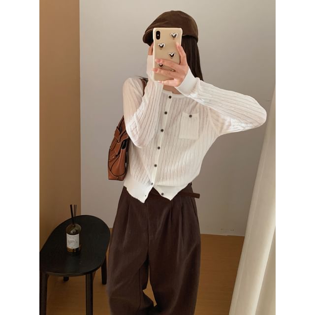 Crew Neck Button-Up Plain Cable Knit Cardigan