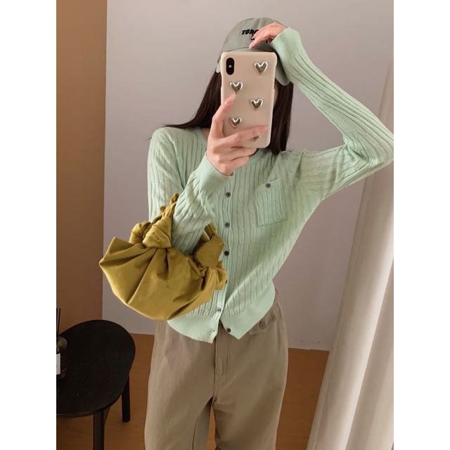 Crew Neck Button-Up Plain Cable Knit Cardigan