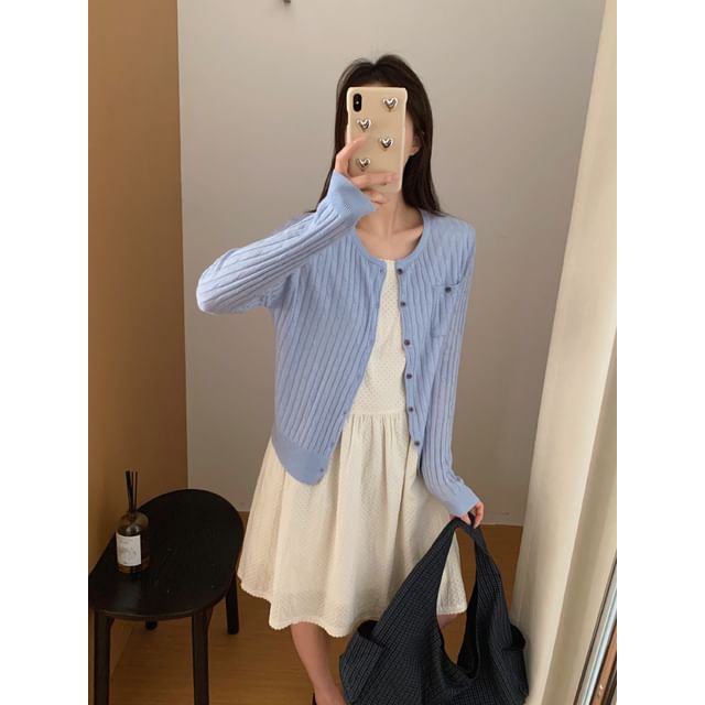 Crew Neck Button-Up Plain Cable Knit Cardigan