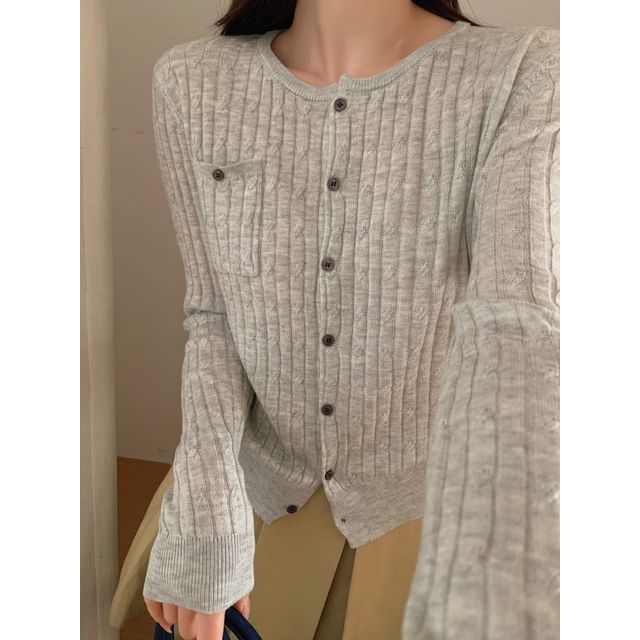 Crew Neck Button-Up Plain Cable Knit Cardigan