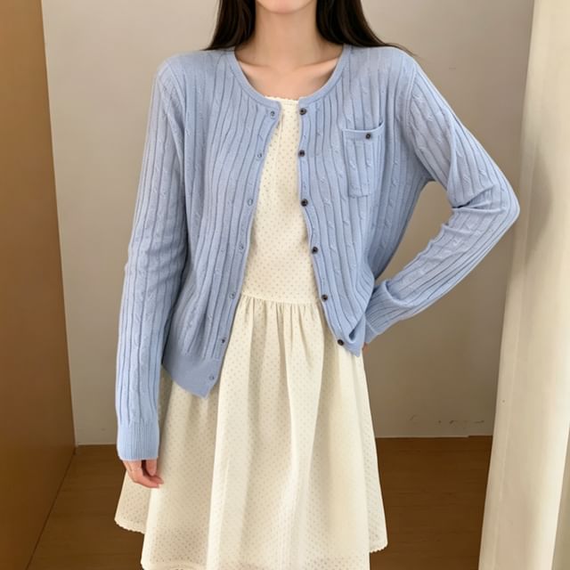 Crew Neck Button-Up Plain Cable Knit Cardigan