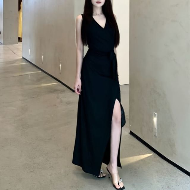 Sleeveless V-Neck Striped Slit Maxi A-Line Dress