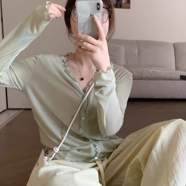 V-Neck Plain Lettuce Edge Cardigan