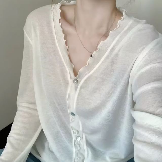V-Neck Plain Lettuce Edge Cardigan