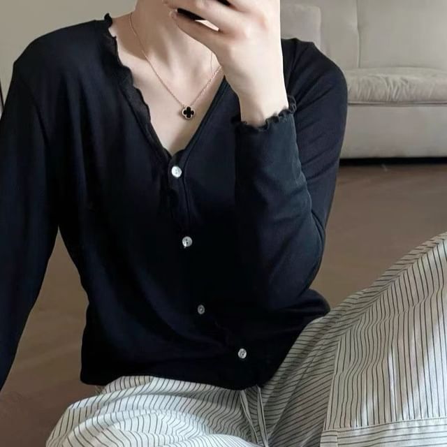 V-Neck Plain Lettuce Edge Cardigan