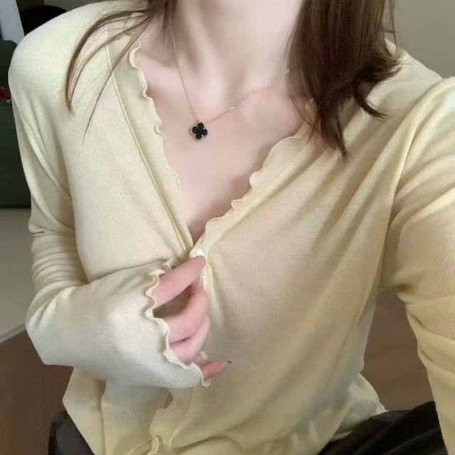 V-Neck Plain Lettuce Edge Cardigan