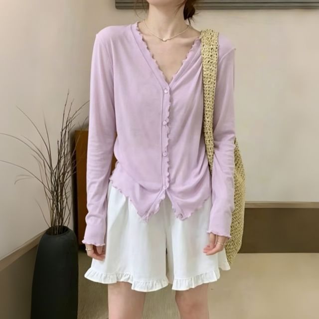 V-Neck Plain Lettuce Edge Cardigan