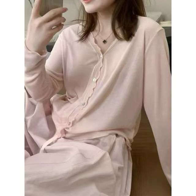 V-Neck Plain Lettuce Edge Cardigan