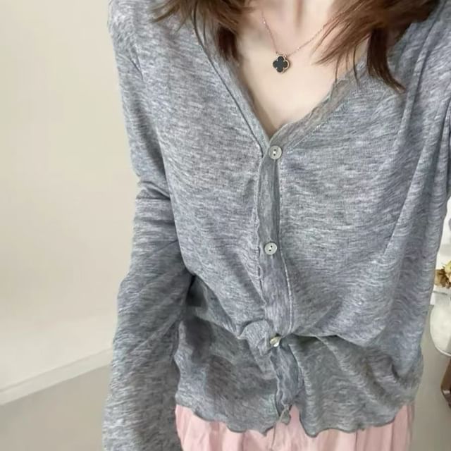 V-Neck Plain Lettuce Edge Cardigan