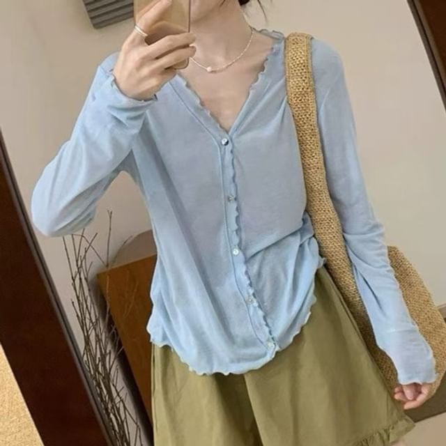 V-Neck Plain Lettuce Edge Cardigan