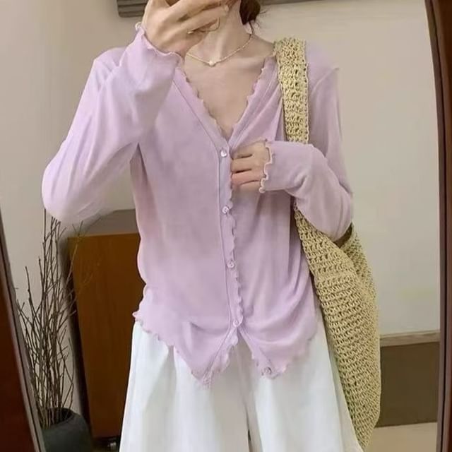V-Neck Plain Lettuce Edge Cardigan