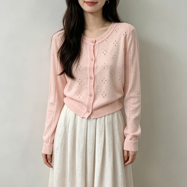 Round Neck Plain Pointelle Cardigan