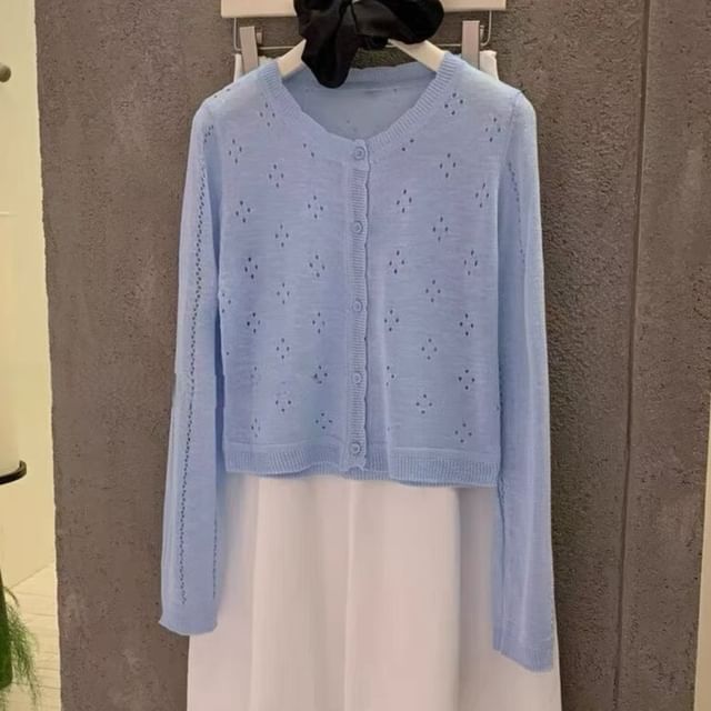 Round Neck Plain Pointelle Cardigan